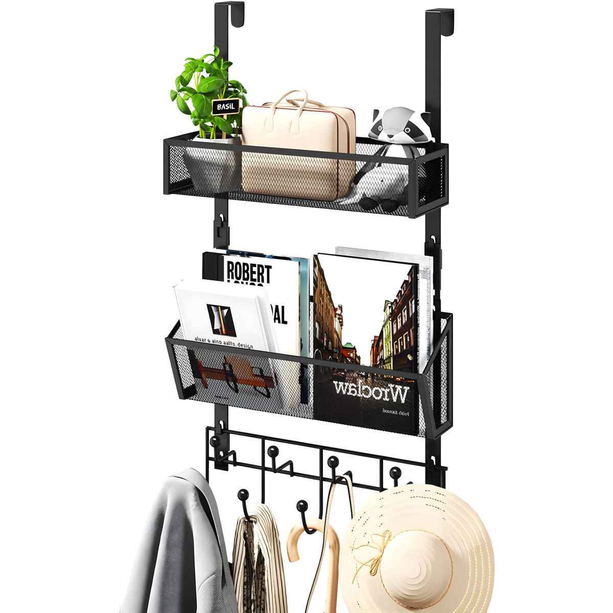 Over The Door Hooks With Storage Baskets, 9-Hook Rustproof Stainless Steel Door Hanger Organizer For Bathroom Kitchen Bedroom